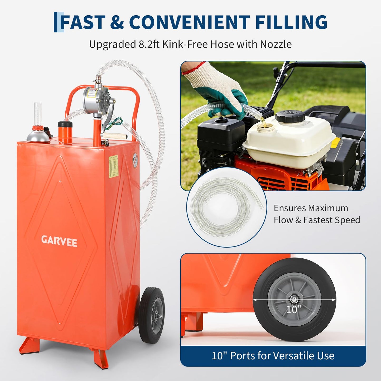 30 Gallon Fuel Gas Caddy Storage Tank, Portable Gas Caddy with Wheels, Manual Rotary Transfer Pump, Fuel Hose, Wide Fill Opening, Vent and Level Gauge, Mobile Gasoline Diesel Transfer Tank for ATV, Mower, Tractor, Car, Boat