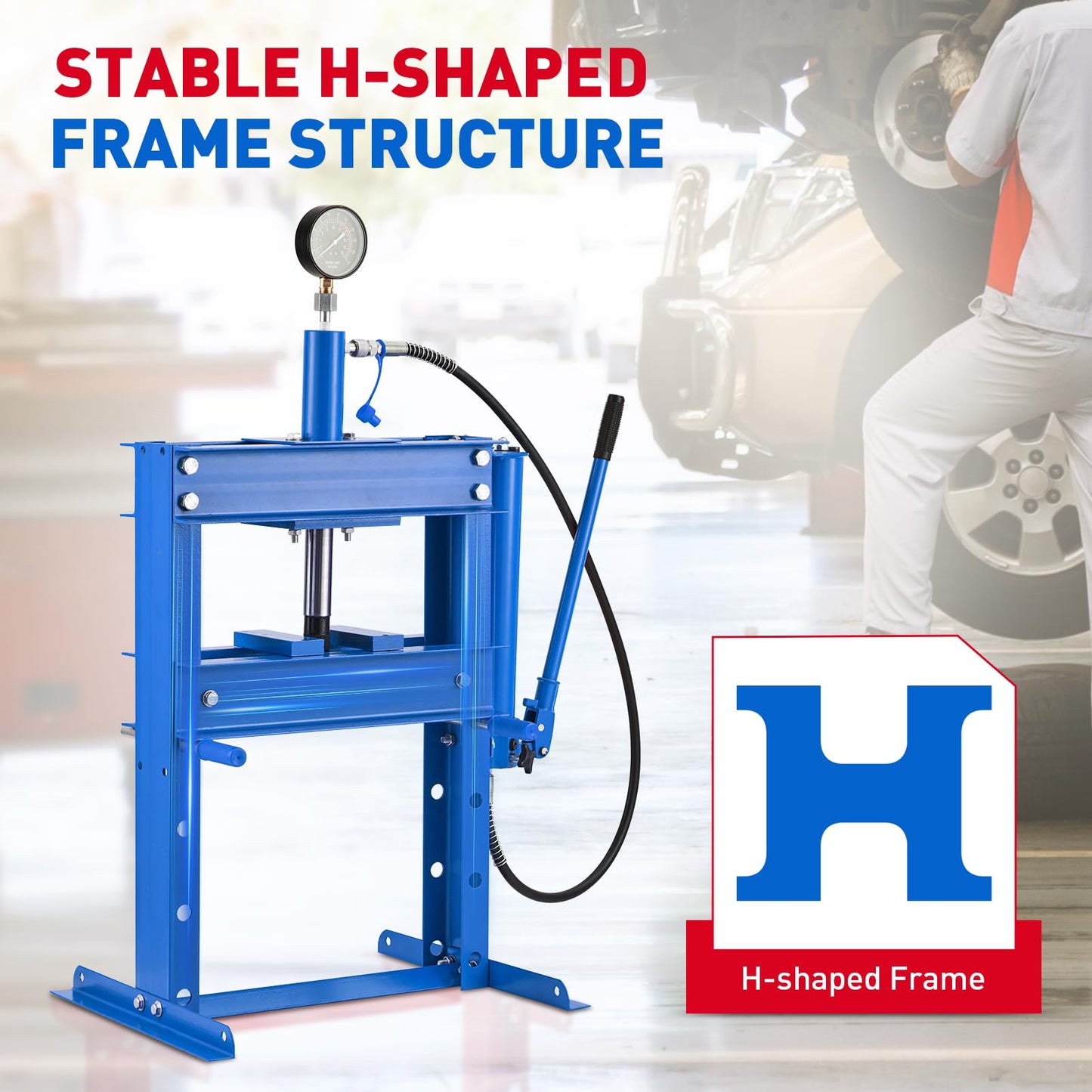 GarveeTech 10 T Hydraulic Press, Heavy Duty H Frame Garage Hydraulic Shop Press with 2 Press Plates, Adjustable Work Table Height Blue