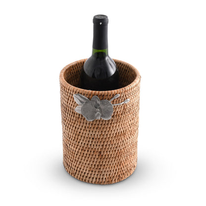 Vagabond House Wicker Rattan Utensil Holder, 8 Inches Tall, Large Kitchen Organizer with Pewter Orchid, Woven Boho Decor for Practicality and Style