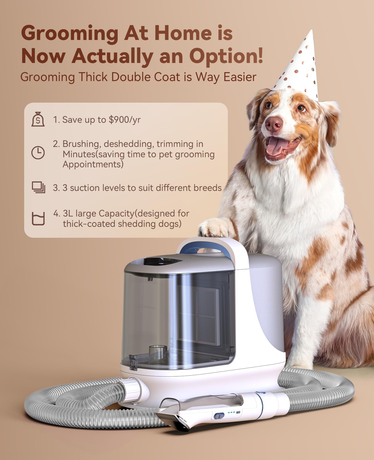 oneisall Dog Grooming Vacuum, 13000Pa Powerful 3L Dust Cup Pet Vacuum with Clipper Nail Grinder & Shedding Brush, 7 in 1 Dog Grooming Kits, Quiet, Large Capacity 3 Suction Levels, BM3