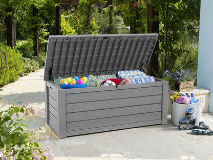 Keter Westwood 150 Gallon Resin Large Outdoor Storage Box for Patio Furniture, Outdoor Cushions, Garden Tools and Pool Floats, Light Grey
