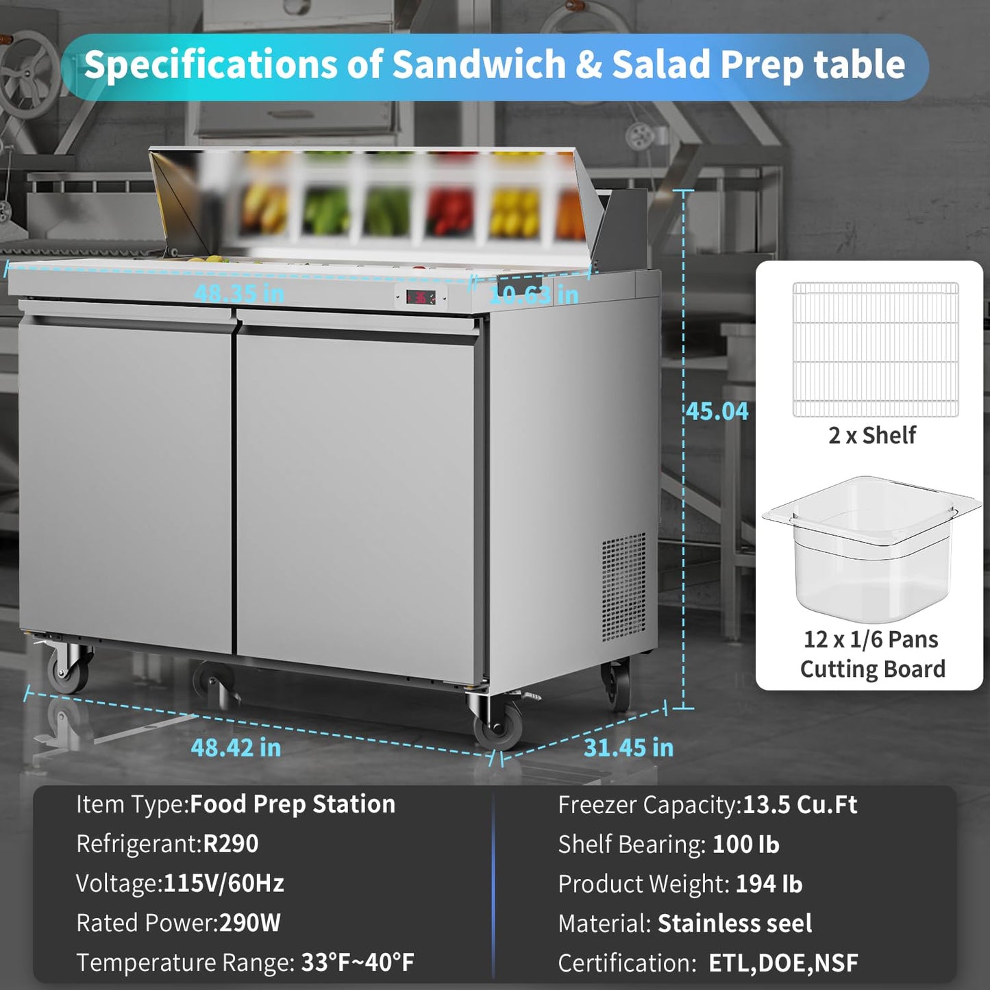 FreezLabs 48“ Commercial Refrigerator Sandwich&Salad Prep Table Fridge with 12 Pans 2 Door Stainless Steel Counter Fan Cooling Refrigerators