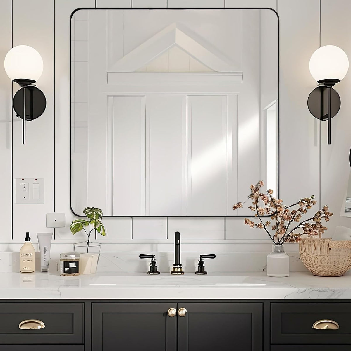 ANDY STAR Square Bathroom Mirror - 24”x24” Matte Black Metal Design with Rounded Corners | Versatile Hanging Options