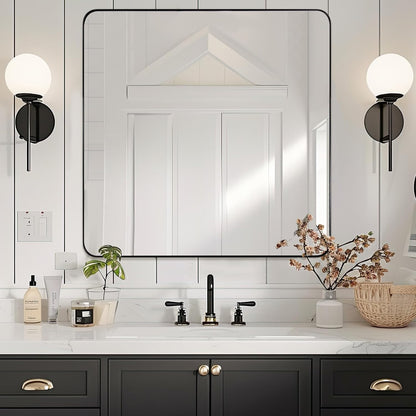 ANDY STAR Square Bathroom Mirror - 24”x24” Matte Black Metal Design with Rounded Corners | Versatile Hanging Options