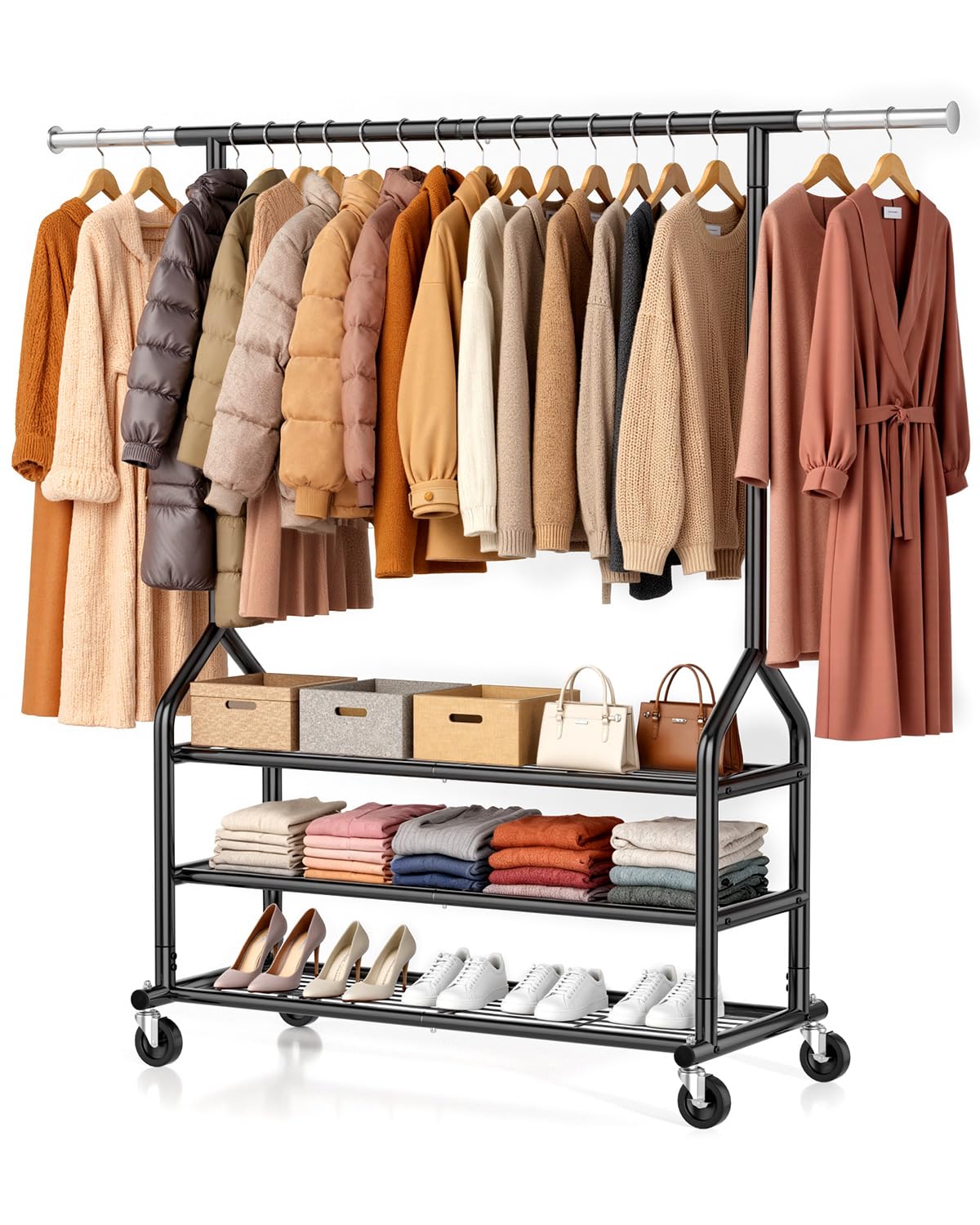 EAGMAK Heavy Duty Clothes Rack Load 686 LBS, Rolling Clothing Rack with 3 Shelves, Height Adjustable Metal Coat Racks, Portable Garment Closet Wardrobe Organizer with Wheels for Hanging Clothes, Black