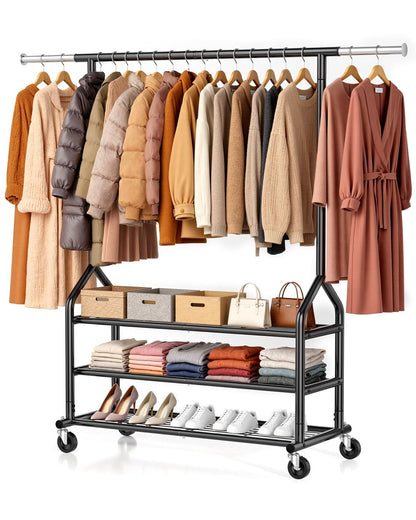 EAGMAK Heavy Duty Clothes Rack Load 686 LBS, Rolling Clothing Rack with 3 Shelves, Height Adjustable Metal Coat Racks, Portable Garment Closet Wardrobe Organizer with Wheels for Hanging Clothes, Black