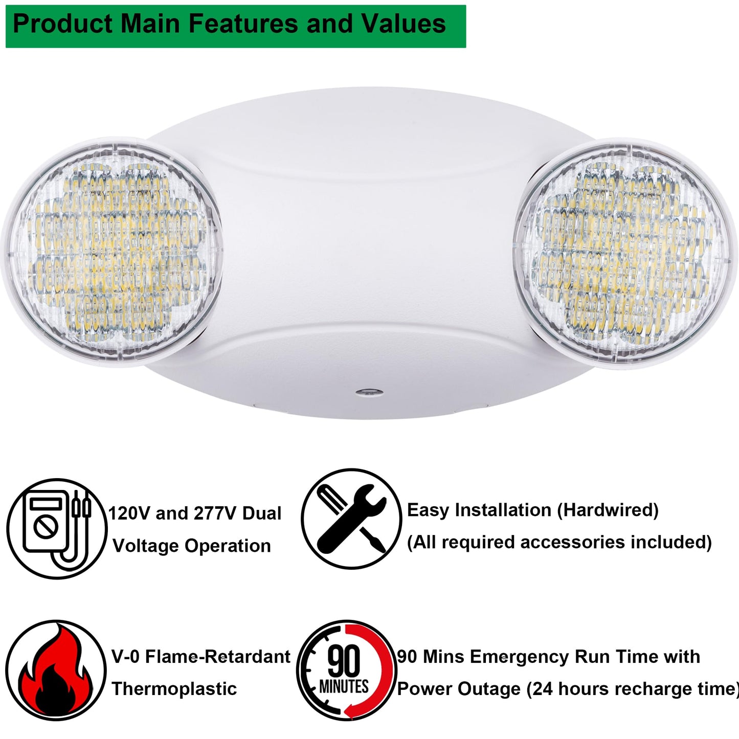 LIT-PaTH LED Emergency Lighting Fixtures with 2 LED Bug Eye Heads and Back Up Batteries- US Standard Exit Light, UL 924 and CEC Qualified, 120/277 Voltage, White, 6-Pack