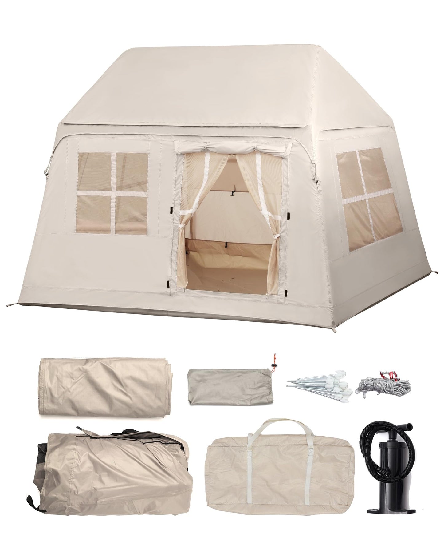 3-4 Person Inflatable Camping Tent Portable Air Cabin Blow Up Tent with Hand Pump Easy Setup Waterproof for Camping Family Backpacking Hiking