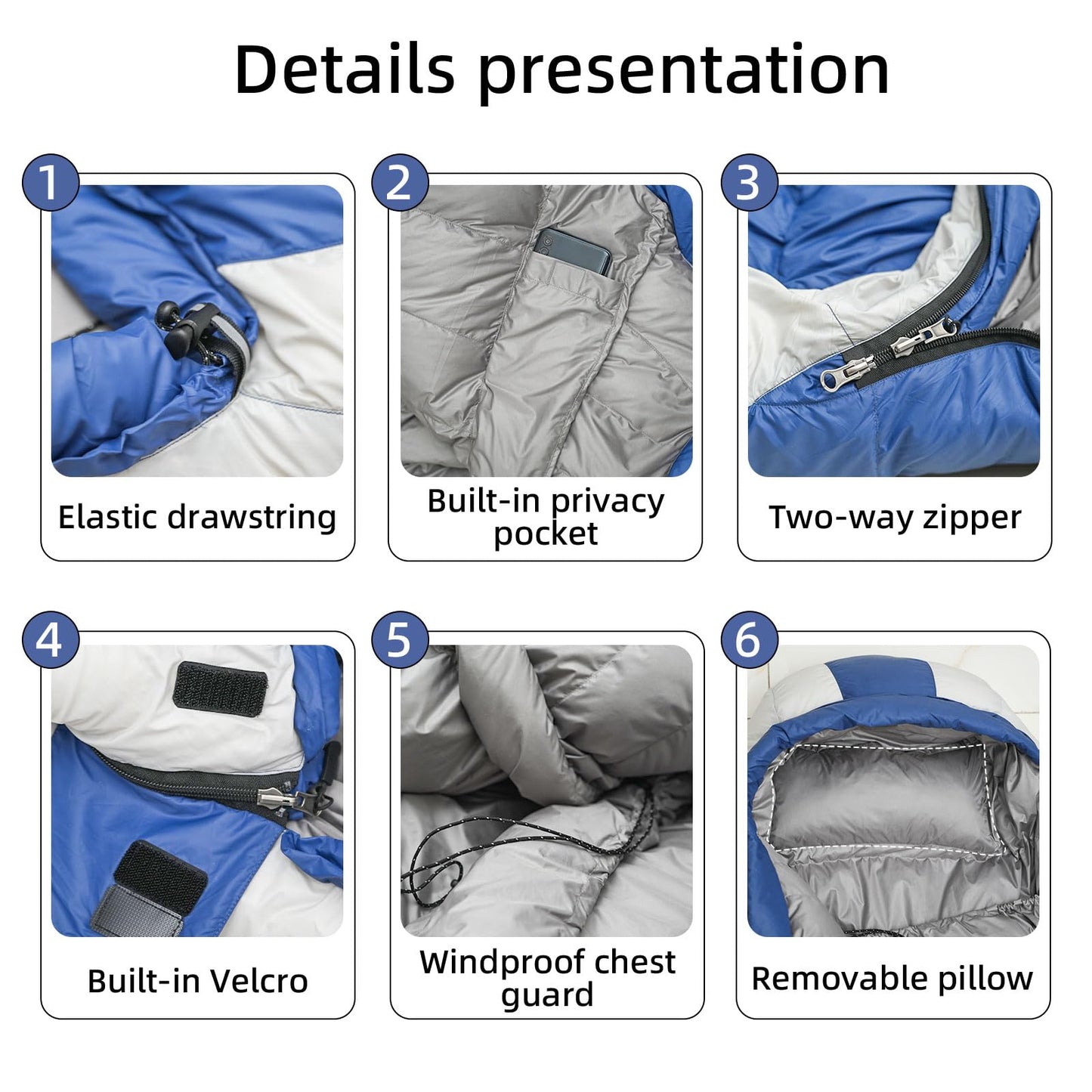 HLITMOUT Down Sleeping Bag with Pillow, 0°F 20°F 32°F Regular and XL Compact Lightweight Sleeping Bag for Adults,Teens Backpacking,Camping and Hiking Outdoor (Blue, Regular 20°F)