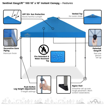 YOLI Sentinel EasyLift 10x10 Instant Pop-Up Canopy, Straight Leg Shelter with UV Protective Top & One-Push Setup – Blue