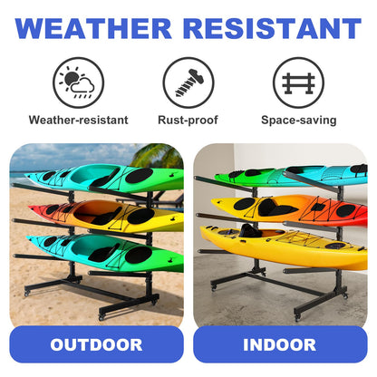 Baotree Heavy Duty Freestanding Kayak Storage Rack, Adjustable Metal Stand for 3 Kayaks, Canoes, SUPs, Paddleboards & Surfboards with Lockable Wheels, Indoor & Outdoor Use