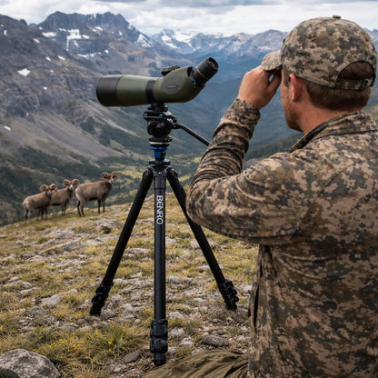 Benro A1573F Aluminum Tripod for Spotting Scopes, Binoculars, Outdoor Field Viewing, Leveling Base, Smooth Fluid Head w/Sliding QR Plate, Flip Locks, Case, Adjustable Legs, 62" Max Ht, 5.5lb Payload