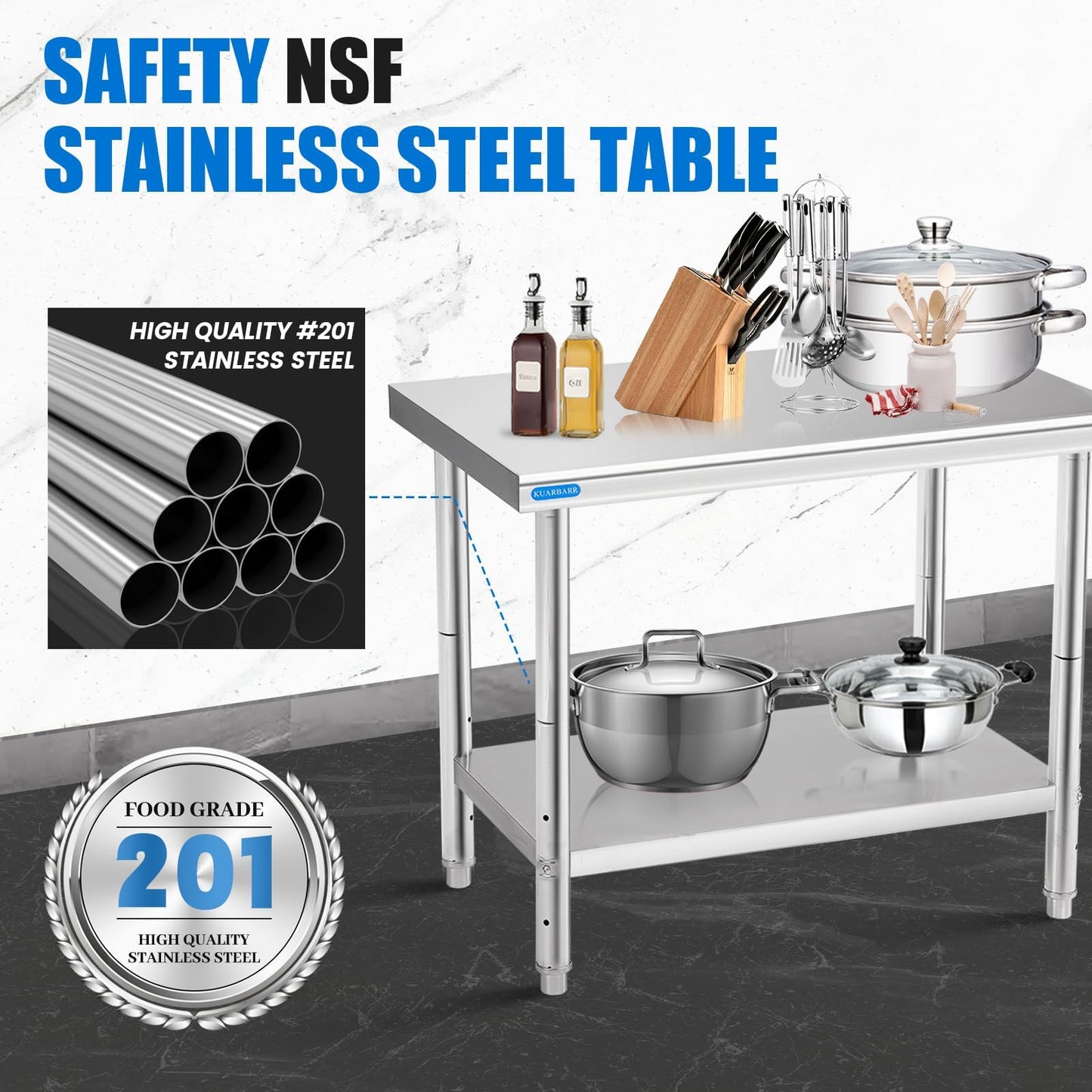 KUARBARR Stainless Steel Table for Prep & Work with Undershelf 24 x 36 Inches NSF Metal Commercial Kitchen Prep Table with Adjustable Under Shelf Worktable for Restaurant Home Outdoor