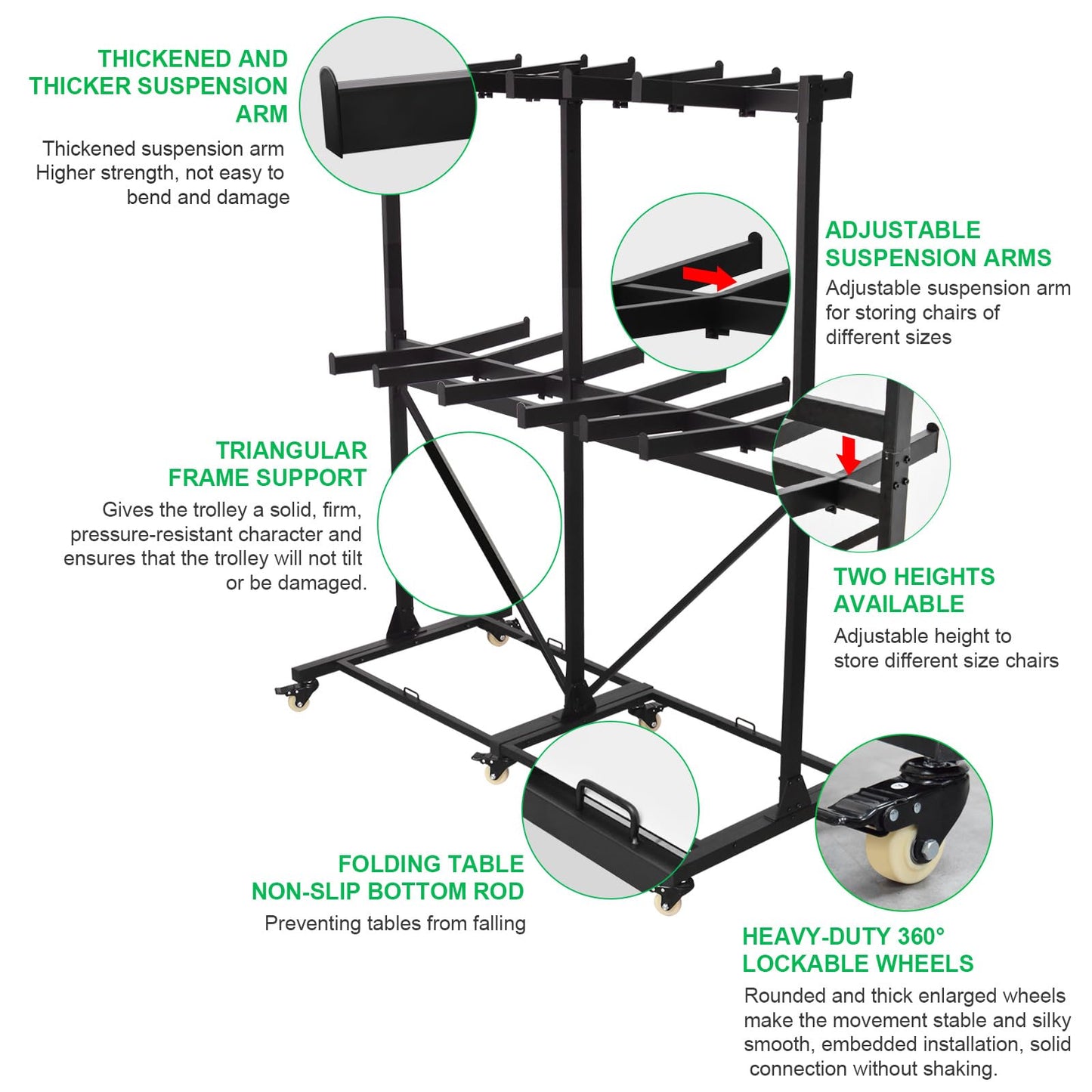 Gliretiky Folding Chair Cart Storage Rack Thickened Two Tier Heavy Duty Folding Table Chair Racks for Storage with Locking Rubber Wheels can Withstand 800LBS Capacity