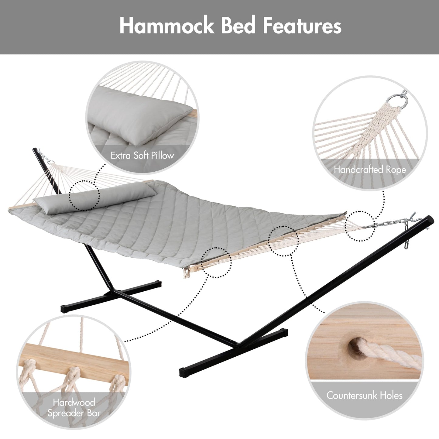 ANOW Double Rope Hammock with Stand 12FT, Heavy Duty Hammock with Polyester Pillow and Pad, 450 LBS Weight Capacity, Light Grey