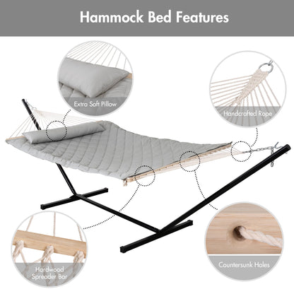 ANOW Double Rope Hammock with Stand 12FT, Heavy Duty Hammock with Polyester Pillow and Pad, 450 LBS Weight Capacity, Light Grey