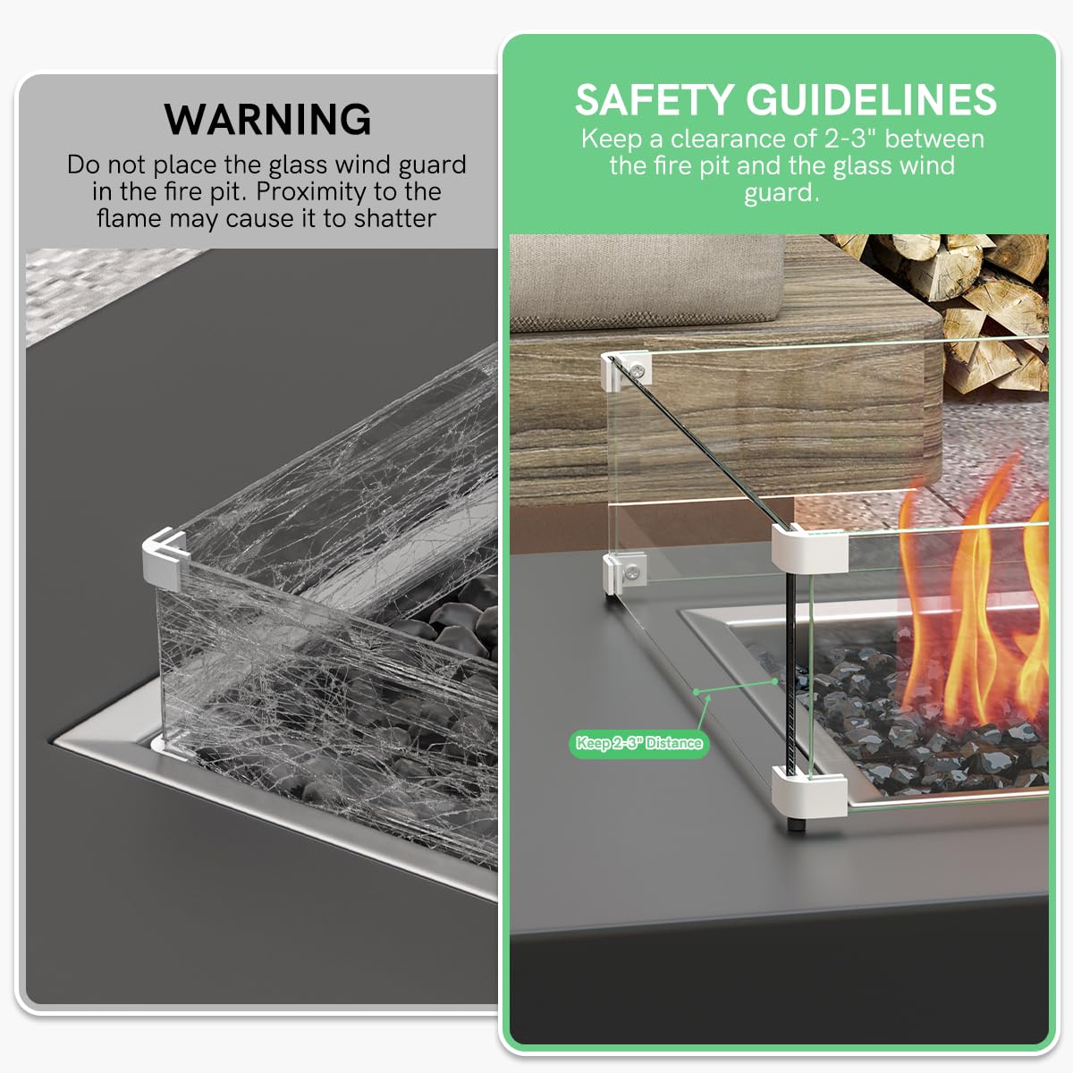 BriSunshine 41.5 x 13.5 x 6 Inch Glass Wind Guard for Propane Gas Fire Pit Table, Rectangular Thick Tempered Glass Shield, Firepit Glass Barrier with Aluminum Corner Bracket & Rubber Feet