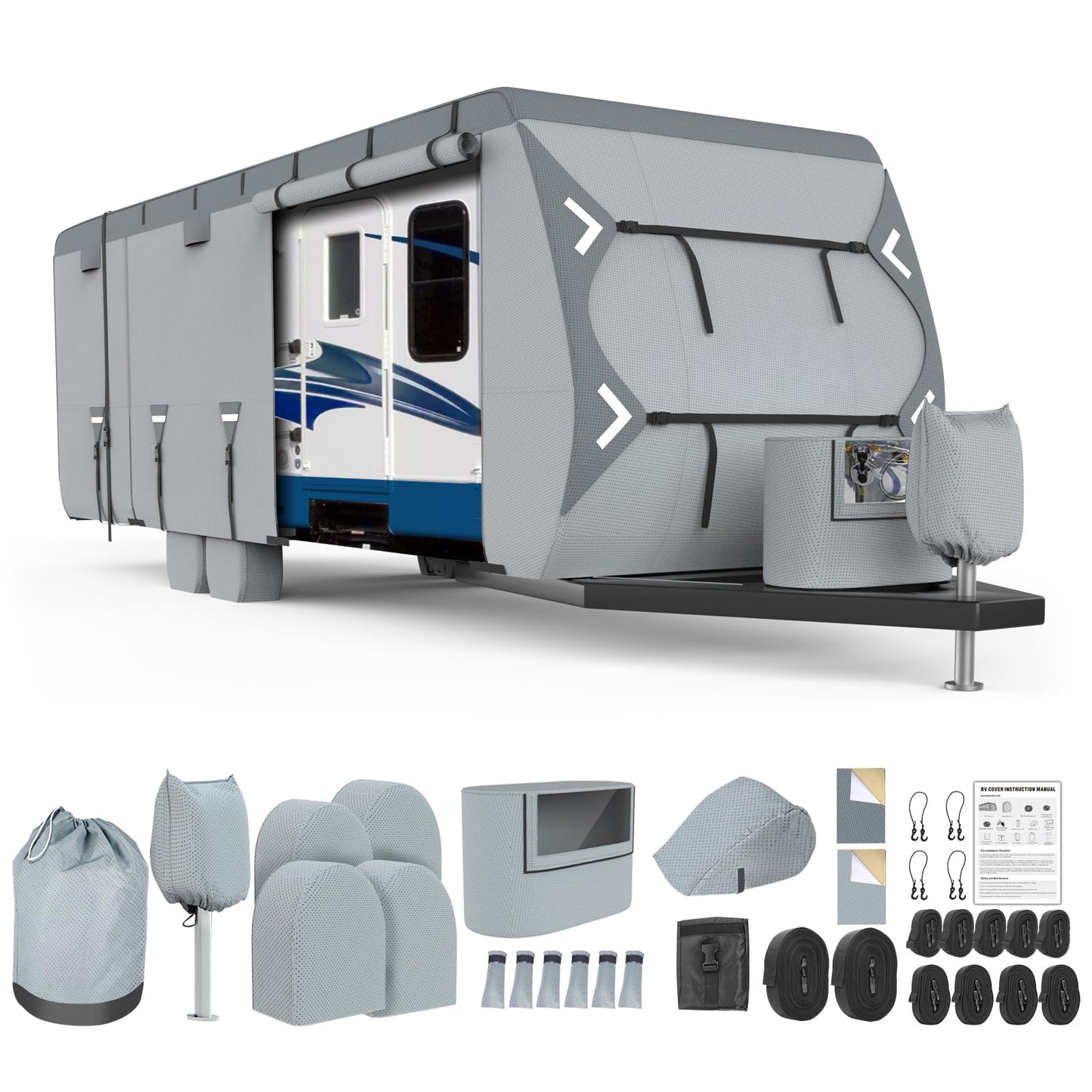 Mofeez Travel Trailer RV Cover, Extra-Thick Upgraded 7 Layers for Camper Cover 24'-27' Windproof Waterproof Rip-Stop RV Covers with 2Pcs Extra Straps & 4 Tire Covers