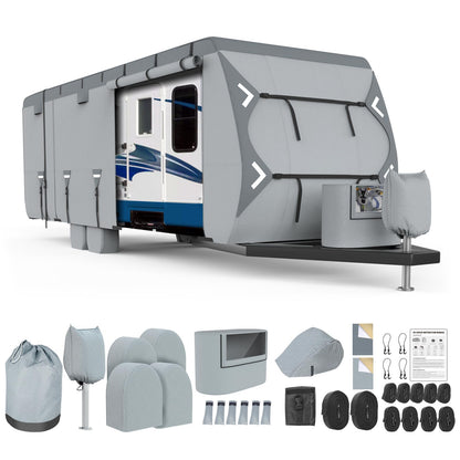 Mofeez Travel Trailer RV Cover, Extra-Thick Upgraded 7 Layers for Camper Cover 24'-27' Windproof Waterproof Rip-Stop RV Covers with 2Pcs Extra Straps & 4 Tire Covers