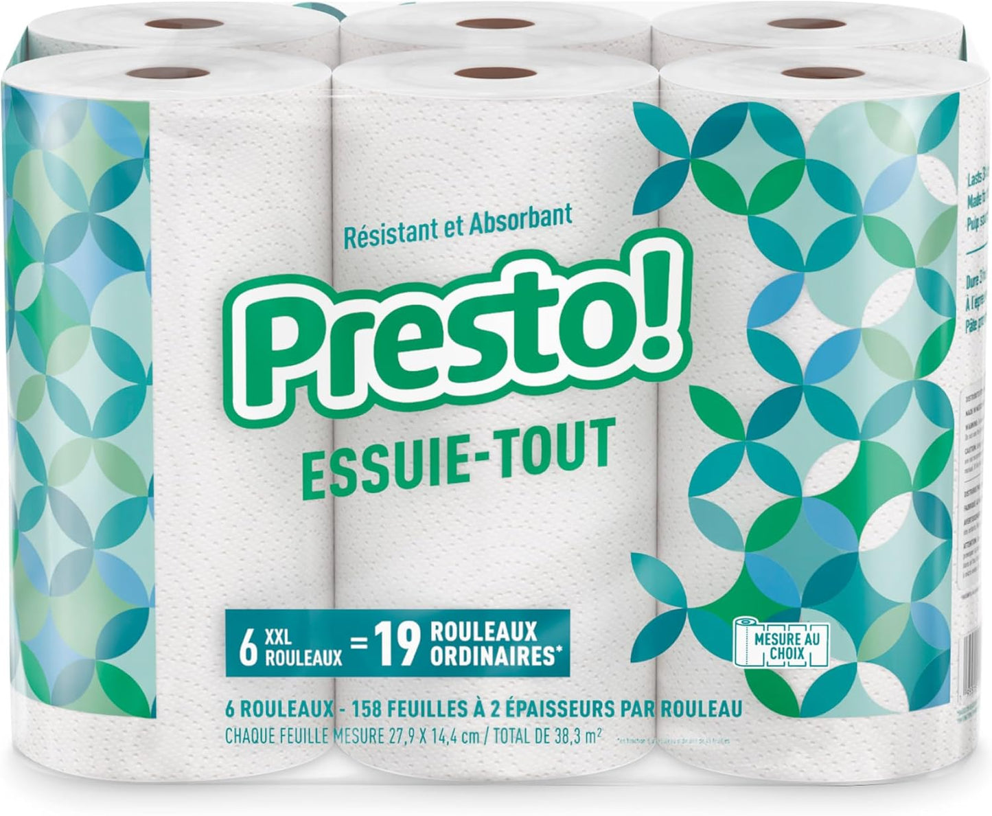 Presto! Ultra-Strong Premium Paper Towels - Flex-a-Size, 158 Sheets, 12 Huge Rolls | Equivalent to 38 Regular Rolls, White