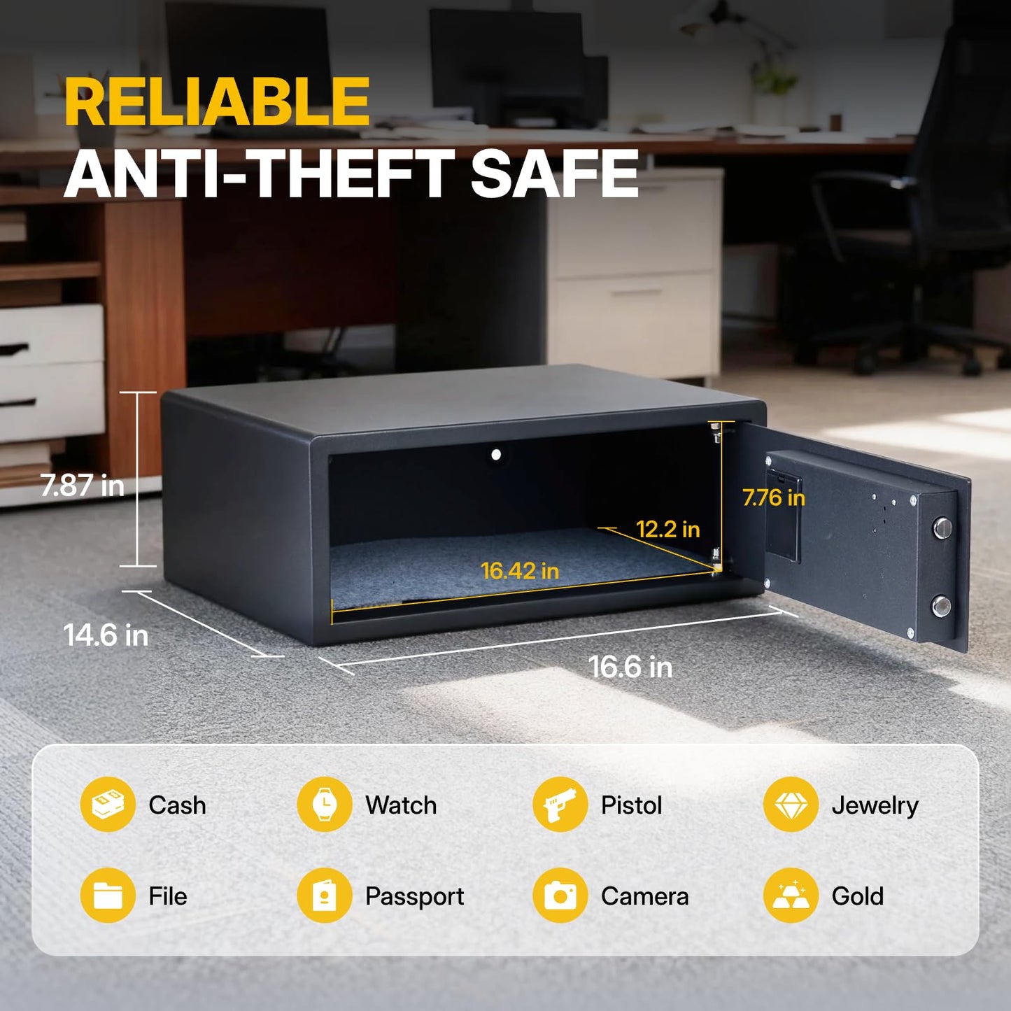 NORTHSKY Safe Box, 0.9 Cubic Feet Safety Box for Home, Anti-theft Fireproof Lock Box with Digital Keypad Key Lock, Safe for Valuables Jewelry, Cash and Documents, 16.6"W x 14.6"D x 7.87"H