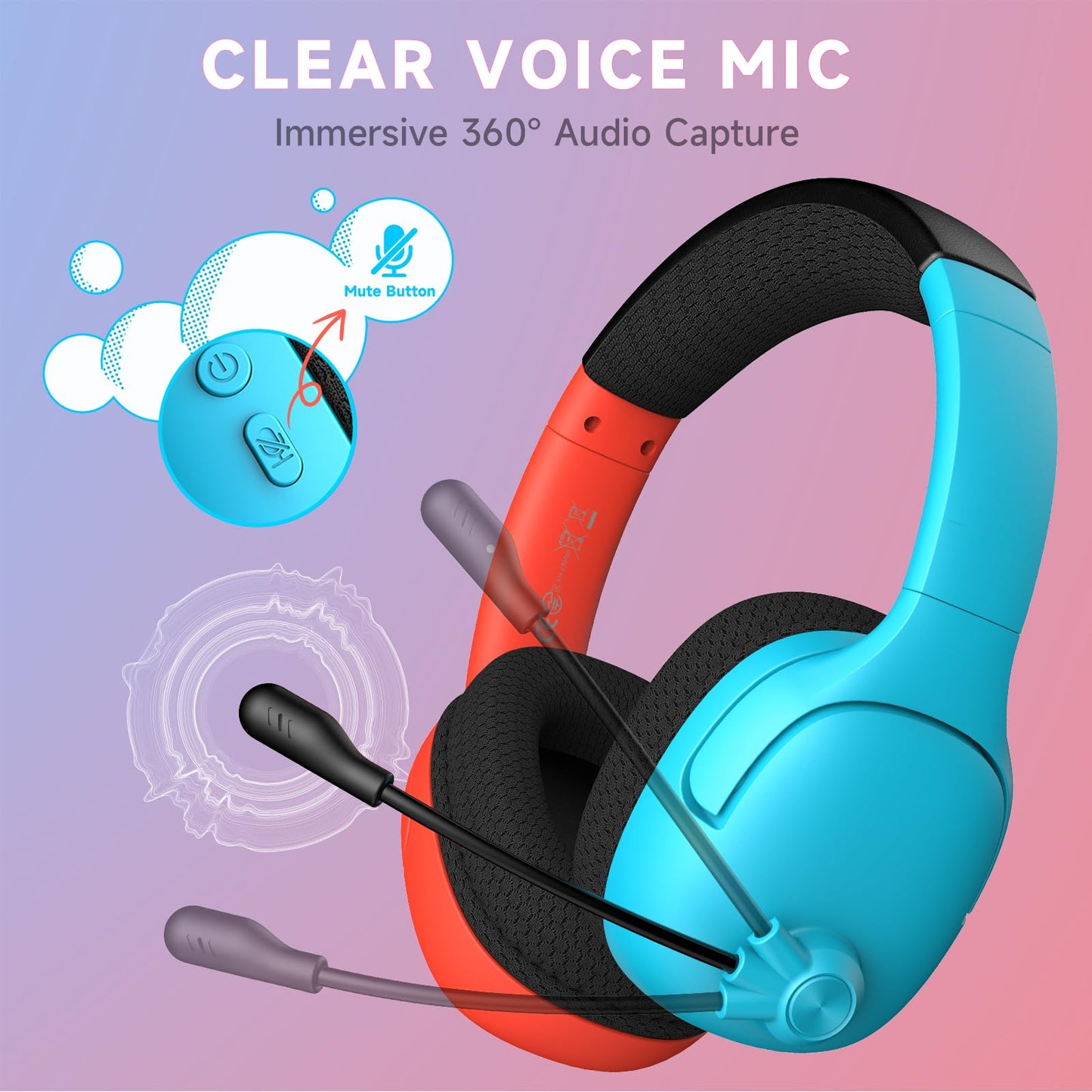 Wireless Gaming Headset for Nintendo Switch/Lite/OLED, Wireless Gaming Headphones with Mic for Nintendo Switch 2/Fortnite/Sports - Red/Blue