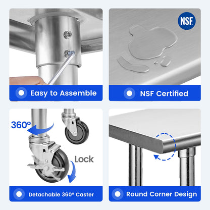Hally Stainless Steel Table for Prep & Work 30 x 36 Inches with Caster Wheels, NSF Commercial Heavy Duty Table with Undershelf and Galvanized Legs for Restaurant, Home and Hotel