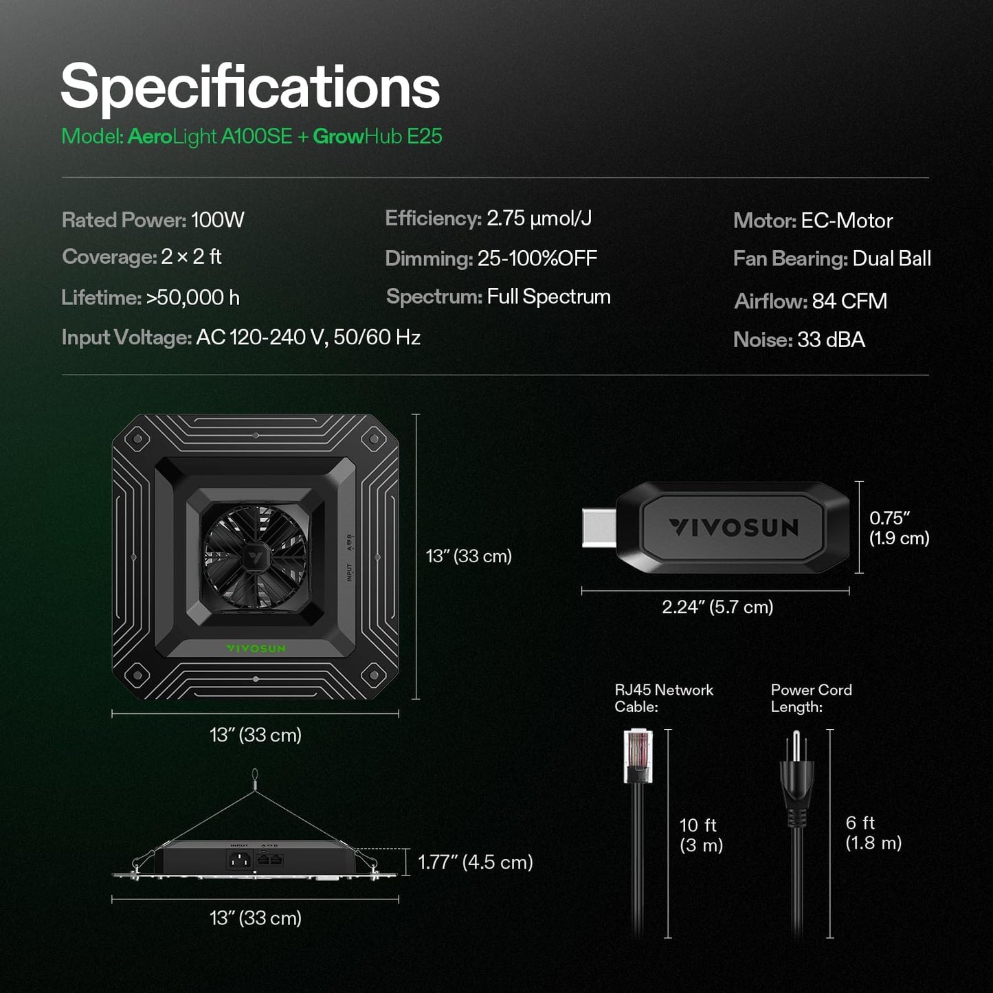 VIVOSUN AeroLight A100SE, LED Grow Light 100W with Integrated Circulation Fan & GrowHub Controller E25, Compatible with App and E42A, 2x2/2x4 Coverage, Establish an Intelligent Grow Environment