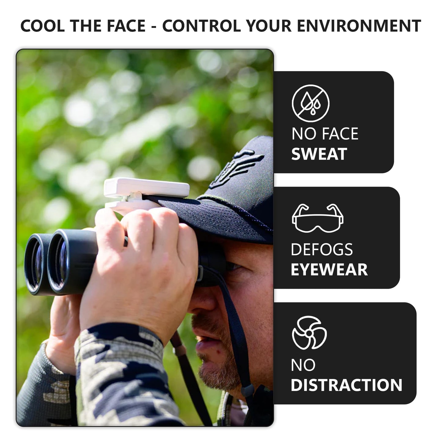 Tigeraire Breezy Clip-On Hat Fan for Sportsmen & Tradesmen - Lightweight Head Cooler, USB-C Recharge, 11 MPH Airflow, 10+ Hr Runtime, Defogs Eyewear & Face Shields - Portable Heat Relief - Camo