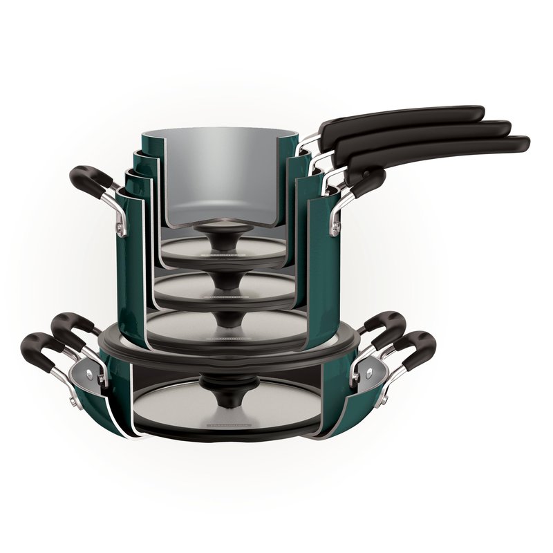 Tramontina Ceramic Non Stick 11-Piece Nesting Pots and Pans Set with Lids - Stackable Nonstick Cookware Set, Dishwasher and Oven Safe, Teal