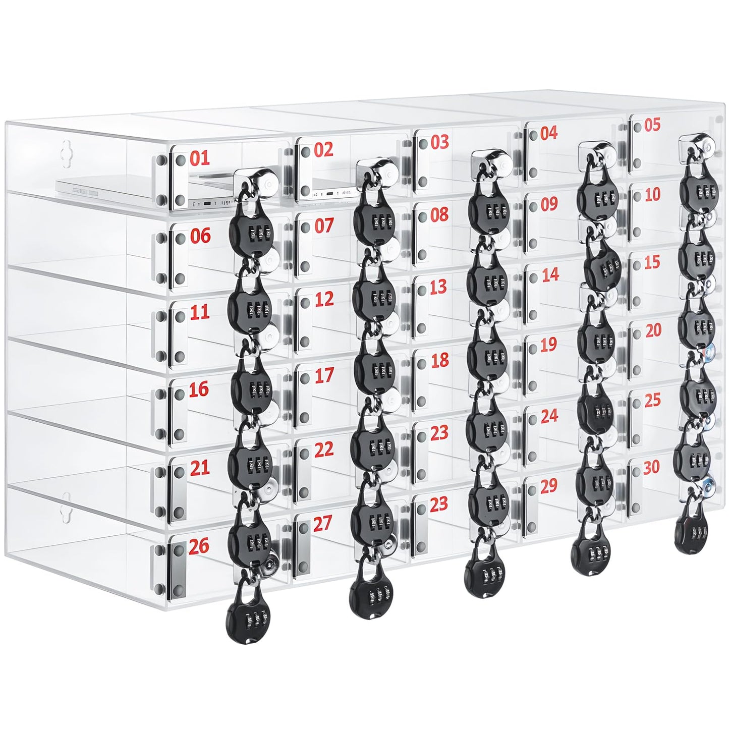 Colingmill 30 Slots Cell Phone Locker Box with Combination Lock, Clear Acrylic Phone Storage Cabinet for Back to School Classroom Students Employee Office Factory