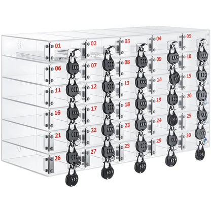 Colingmill 30 Slots Cell Phone Locker Box with Combination Lock, Clear Acrylic Phone Storage Cabinet for Back to School Classroom Students Employee Office Factory