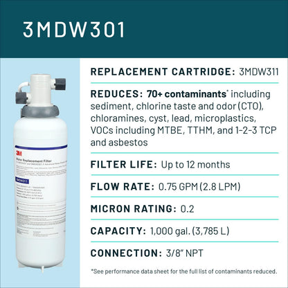 Aqua-Pure DW301 Under Sink Water Filter System, Removes Lead, VOC's, Microplastics, Cysts, Bad Taste and Odor, Asbestos, MTBE and TTHM Reduction