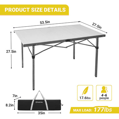 KingCamp KC2133_Black/Silver-USVC1 Portable Stable Table for Outdoor Picnic, Camping, Barbecue and Backyard Party, 4-6 Person, 53.5"×27.5"