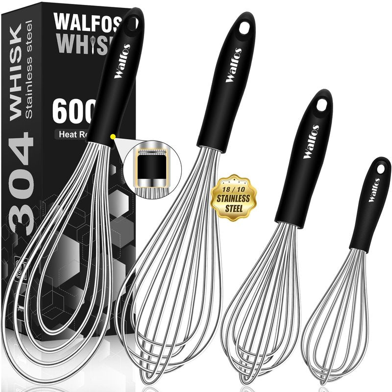 Walfos Whisk,Whisks for cooking set, 304 Stainless steel Whisks,Heat Resistant 600°F.Perfect for Blending Beating Stirring - 11inFlat Whisk and 7+9+11in Balloon Whisk