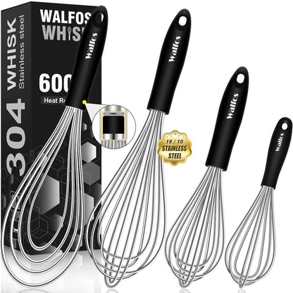 Walfos Whisk,Whisks for cooking set, 304 Stainless steel Whisks,Heat Resistant 600°F.Perfect for Blending Beating Stirring - 11inFlat Whisk and 7+9+11in Balloon Whisk