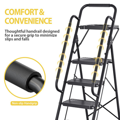 KINGRACK 5 Step Ladder, Sturdy Steel Step Stool with Anti-Slip Wide Pedals, Handrail, Safe-Lock Design, Pass 800lbs Load Testing, Folding Portable Ladder for Multi-Purpose, Home, Kitchen, Black