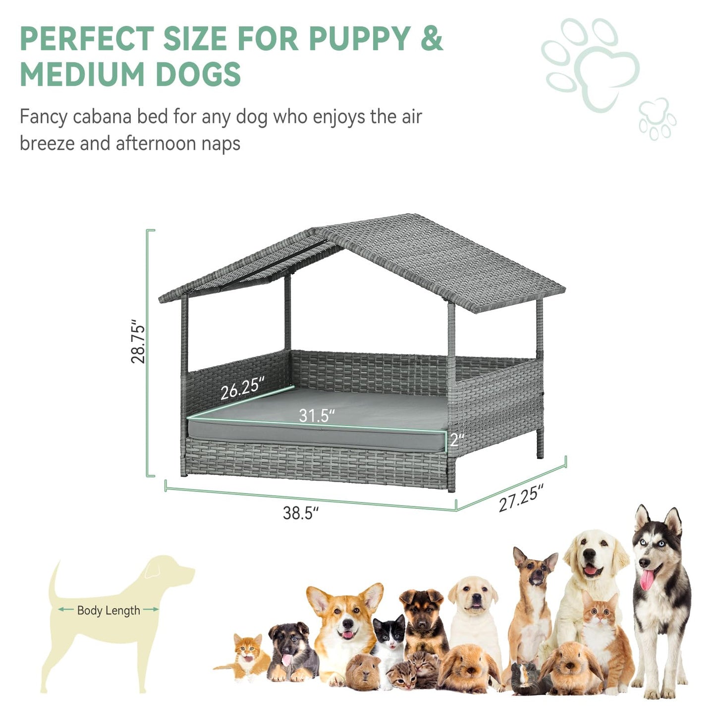 Lyromix Wicker Dog House with Canopy, 32" Outdoor Elevated Rattan Dog Bed with Water-Resistant Soft Cushion, Large Outside Raised Dog Shelter for Small, Medium Dogs, Gray