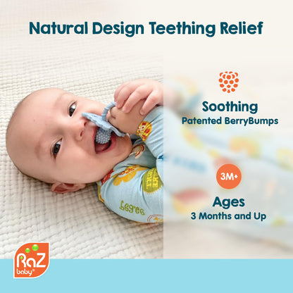 RaZbaby RaZberry Silicone Teether Pacifier – Teething Relief for Infants, Food-Grade, BPA-Free, Hands-Free, Natural Berrybumps Fruit Texture for Sensory Development, Freezable, 2-Pack - Red & Blue