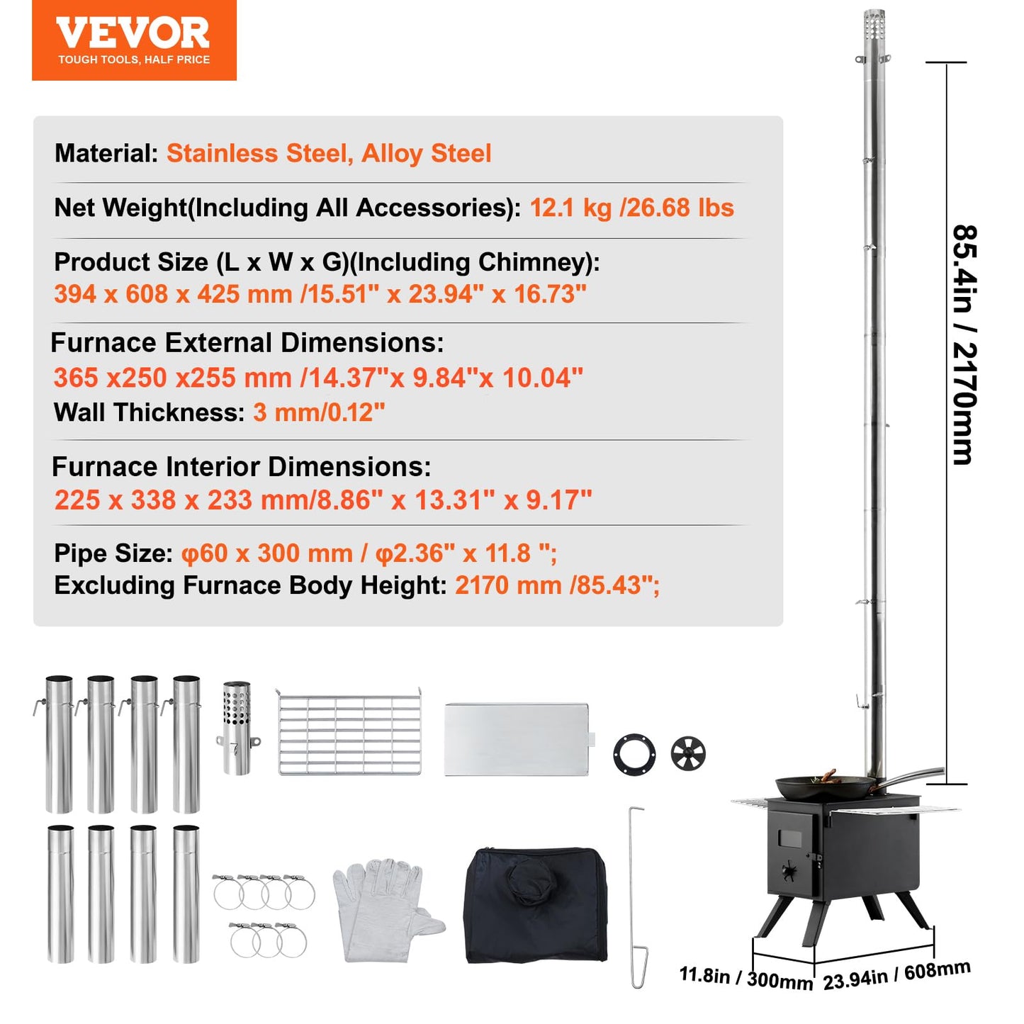 VEVOR Camping Wood Stove Alloy Steel Camping Tent Stove, Portable Wood Burning Stove with Chimney Pipes & Gloves, 1400in³Firebox Hot Tent Stove for Outdoor Cooking and Heating with 8 Pipes