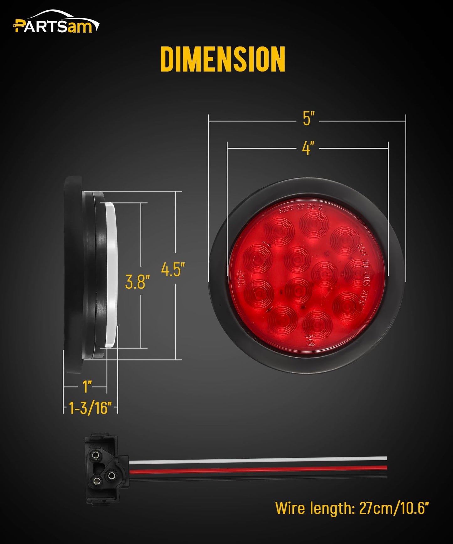 Partsam 4Pcs 4 Inch Round Led Trailer Tail Lights Kit+5PCS Amber Torpedo Cab Marker