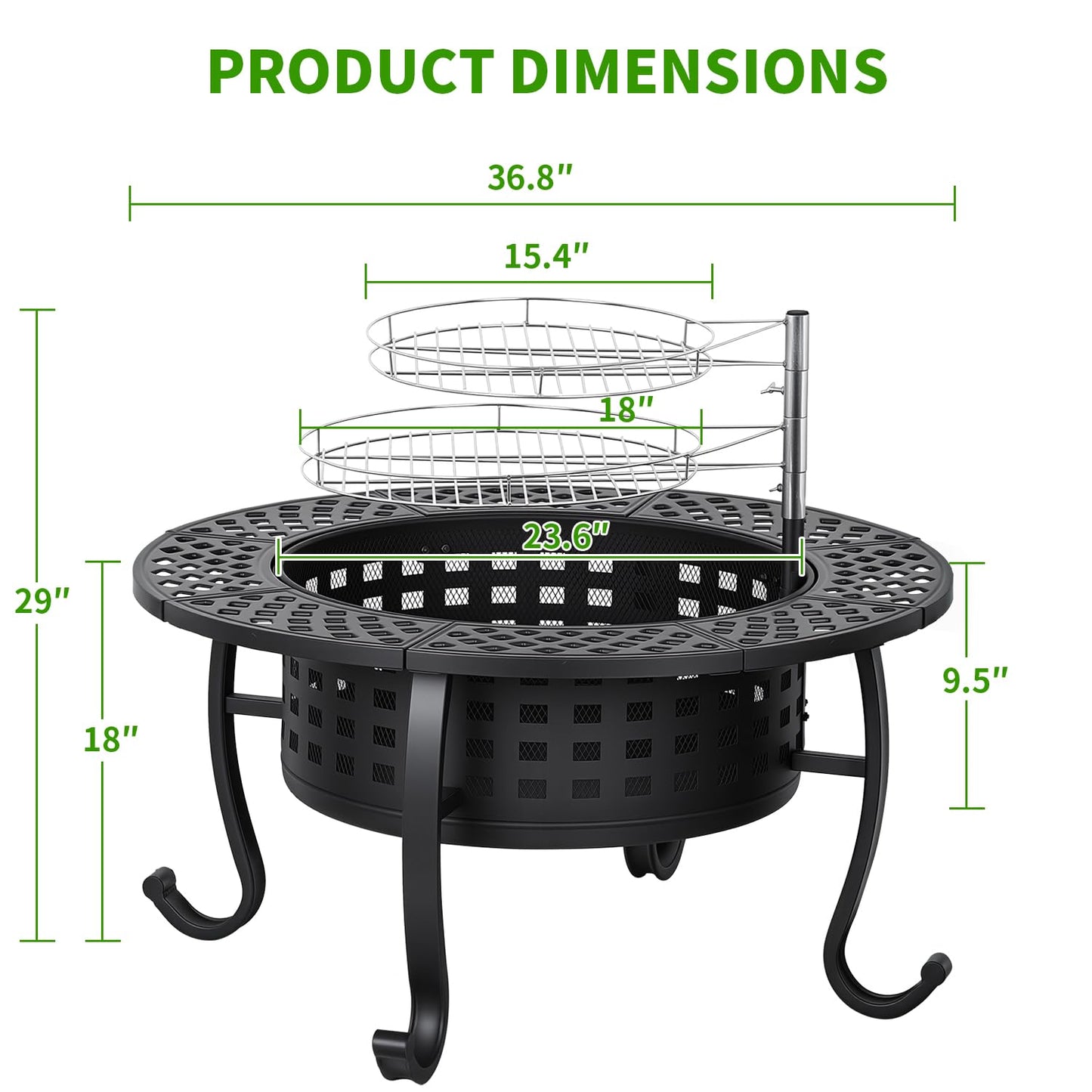 FDW 36 Inch Fire Pit with 2 Adjustable Grills,Wood Burning Fire Pits for Outside with Lid & Fire Poker, BBQ& Outdoor Firepit & Round Metal Table 3 in 1 for Patio, Picnic, Party