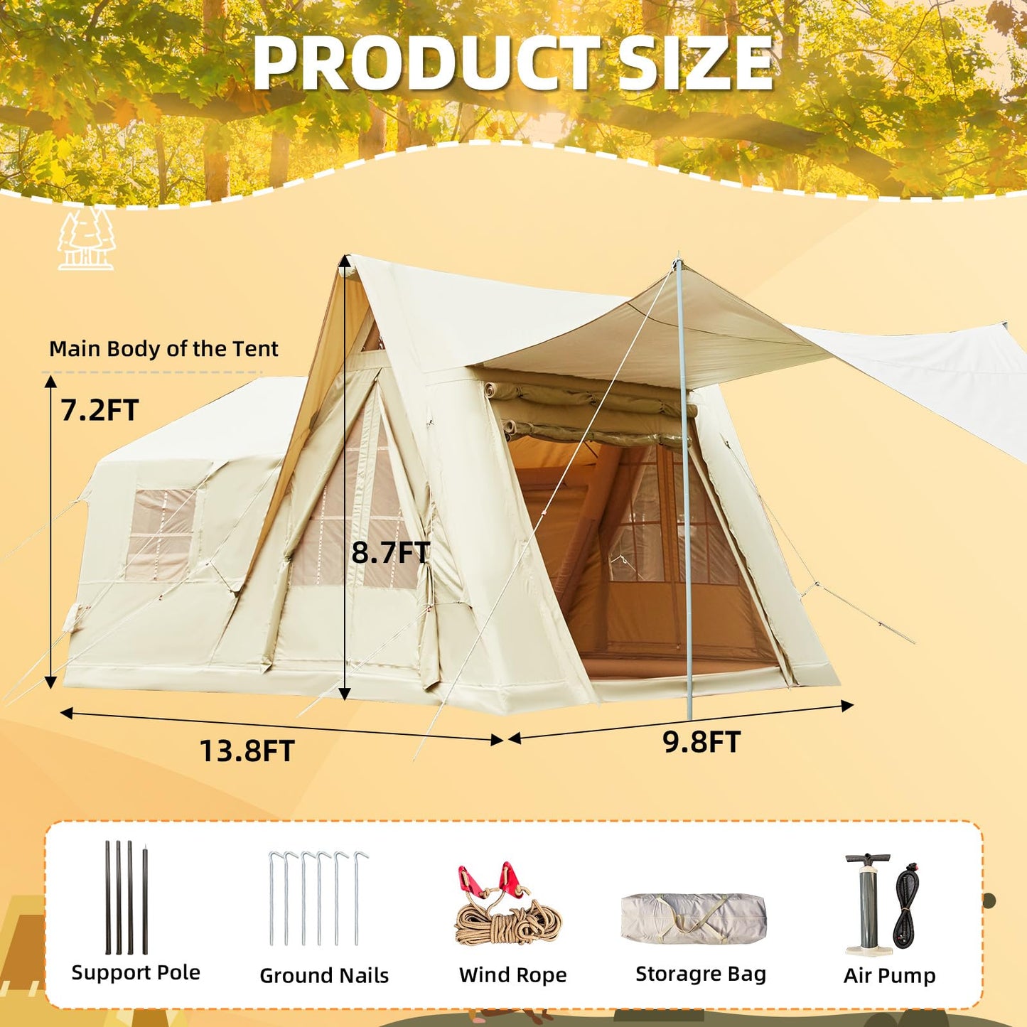 YOLENY 136 Sqft 8-10 People Inflatable Camping Tent with 4 Doors, Versatile Side Wall, Up to 8.7 Ft, 600D Oxford Cloth, AC Port, Stove Jack, Hand Pump, 4 Seasons