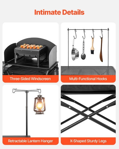VEVOR Camping Kitchen Table, Outdoor Camp Cooking Table, Aluminum Portable Cook Station with 3 Storage Cupboard, Carrying Bag, Detachable Windscreen, Quick Set-up for BBQ Party Picnic RV Travel, Black