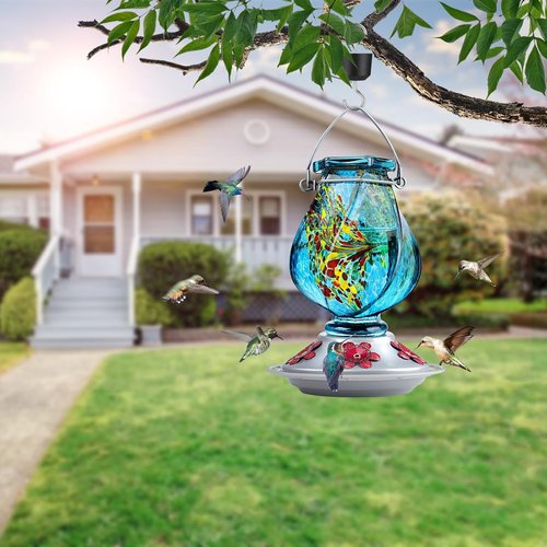 BOLITE Hummingbird Feeder - Hand Blown Glass with 5 Bee-Proof Ports & Ant Moat | 22oz Blue Outdoor Decor