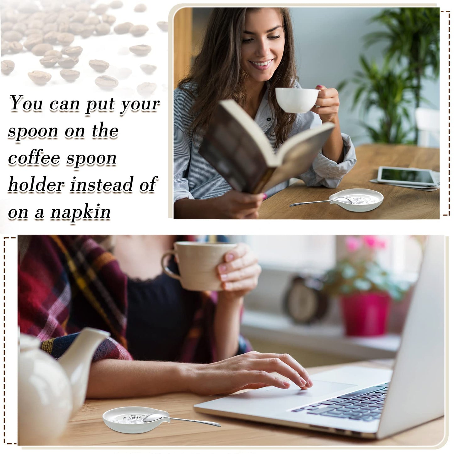 Gandeer 4 Pieces Coffee Spoon Rest and Teaspoon Funny Quote Ceramic Spoon Holder Rests for Station Decor Stove Top Countertop Kitchen Accessories Nice Present for Coffee Lovers