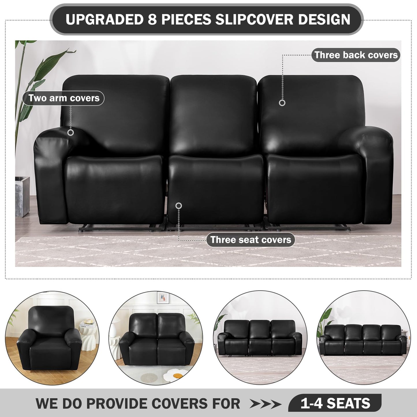 vctops 8 Pieces Waterproof Faux PU Leather Recliner Sofa Covers Stretch Soft 3 Seats Couch Cover Anti-Slip Sofa Slipcover Furniture Protector with Elastic Bottom for Kids Pet(Black,3 Seat)