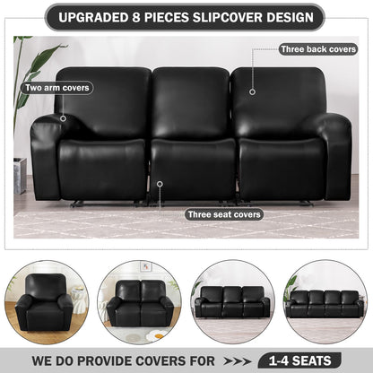 vctops 8 Pieces Waterproof Faux PU Leather Recliner Sofa Covers Stretch Soft 3 Seats Couch Cover Anti-Slip Sofa Slipcover Furniture Protector with Elastic Bottom for Kids Pet(Black,3 Seat)