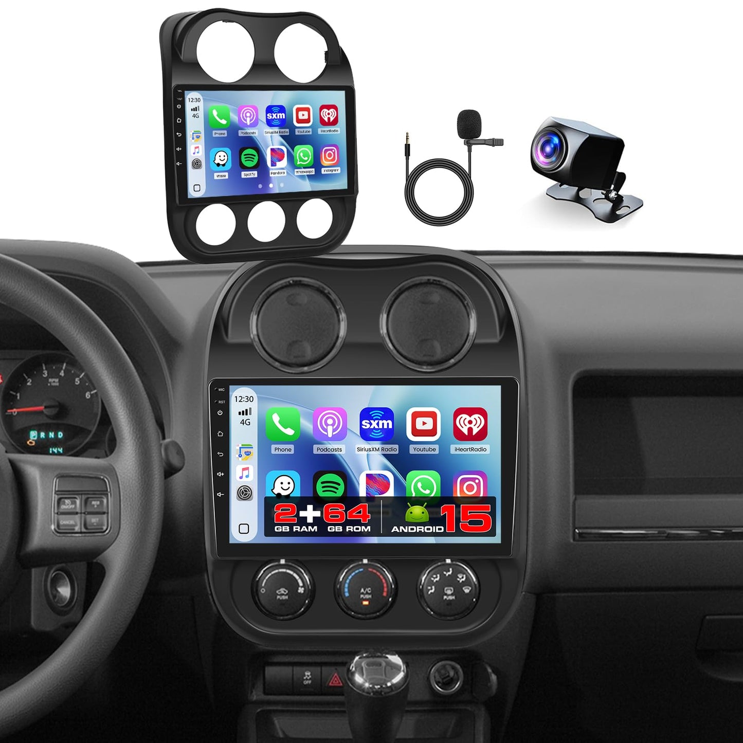 [4 Core 64G] for Jeep Compass Patriot 2010-2016 Android 15 Car Stereo, 10.1" Touchscreen Compass Patriot Car Radio Wireless Carplay Android Auto Mirror Link GPS WiFi Bluetooth FM/EQ SWC Backup Cam Mic