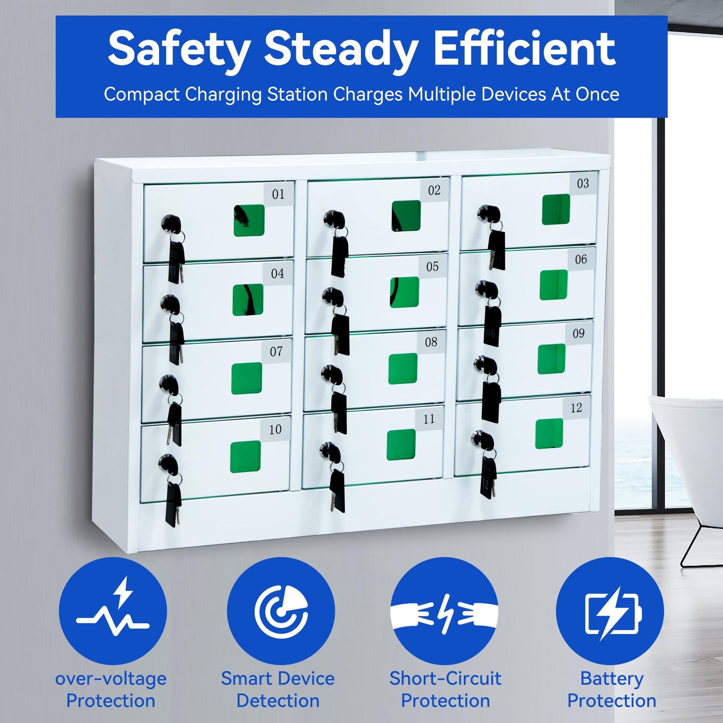Bpatoimsx Secure and Convenient 12 Slots Cell Mobile Phone Metal Storage Cabinet Lockers with Charger Charging Station Cabinet and Key Lock White - Ideal for Students and Employees or Police Station